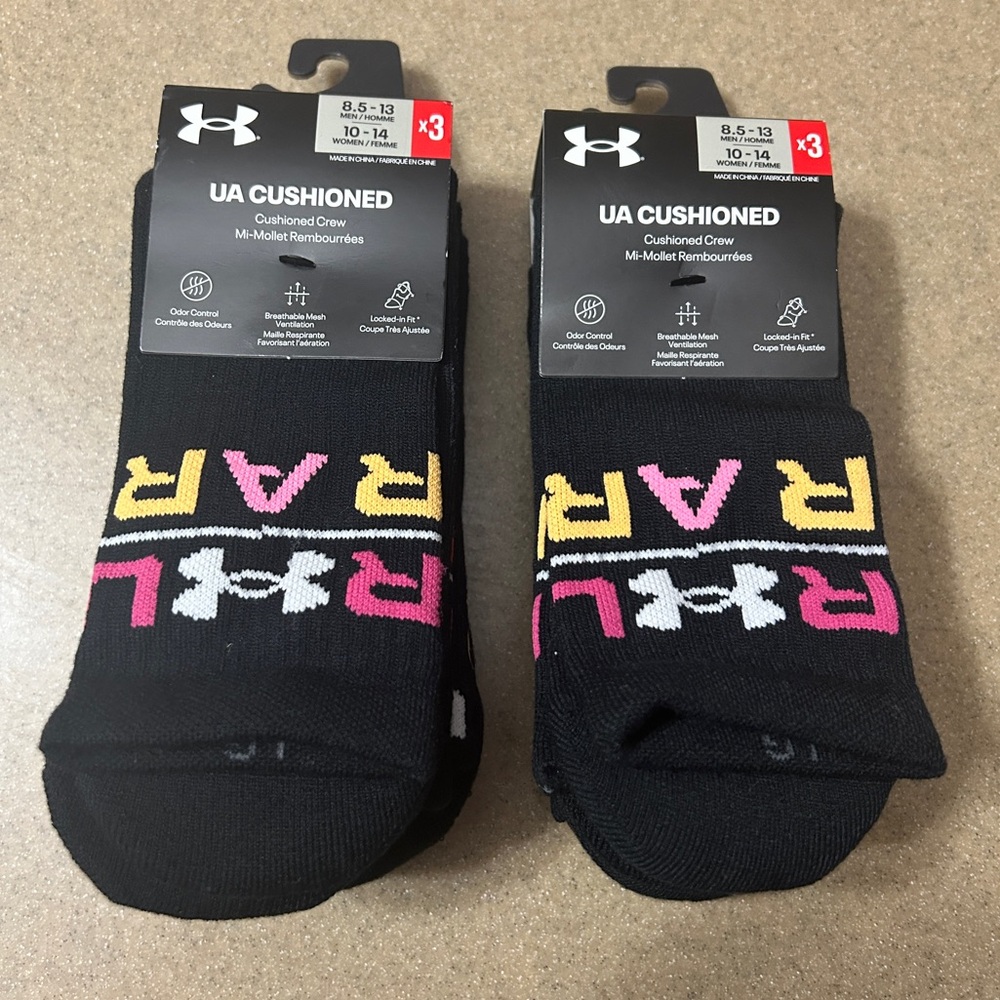 UNDER ARMOUR UA Cushioned Crew Socks 2 3-Packs W L 10-14 Black Activewear NEW